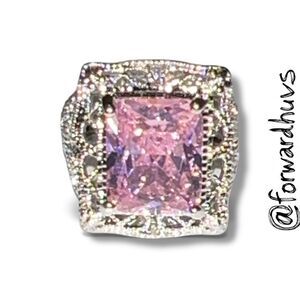 Sterling Statement Ring – Huge Pink Glass Center – Ornate Sparkle - Size 6
